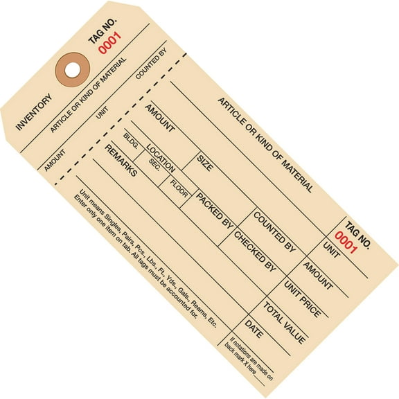 SI PRODUCTS Inventory Tags 1 Part Stub Style #8 (1000-1999) 6 1/4" x 3 1/8" Manila 1000/Case G18021