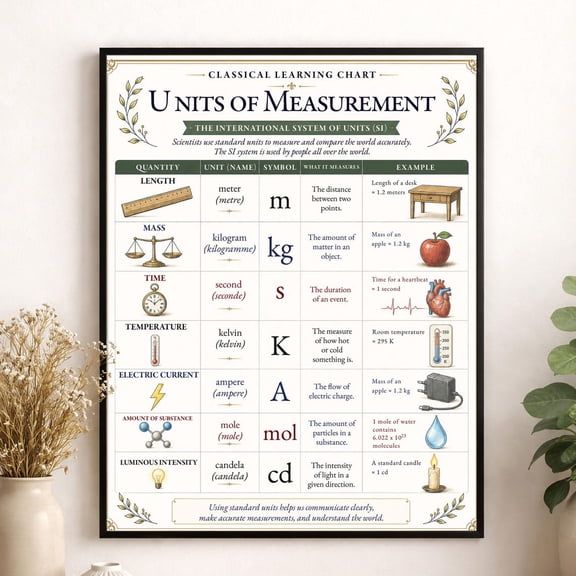 SI Units Measurement Chart Wall Art Print, Unframed Paper Poster 8x10in