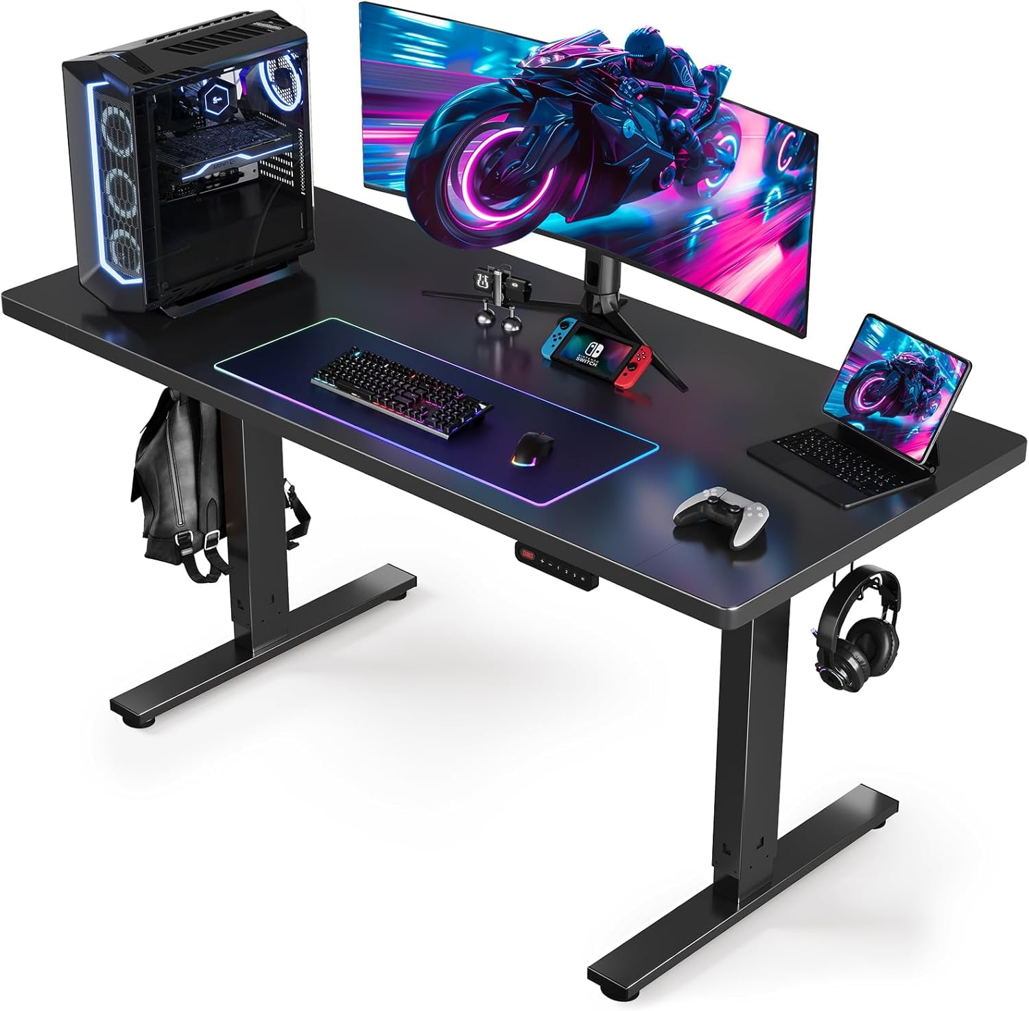 Black Adjustable Electric Standing Desk with Headphone Hook