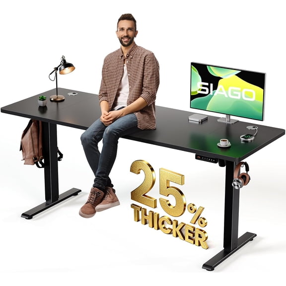 SIAGO Electric Standing Desk Adjustable - 63 x 24 Inch Sit Stand up Desk with 0.8 Inch Thick Tabletop - Adjustable Height Table with 3 Memory Preset, Cable Management for Home Office