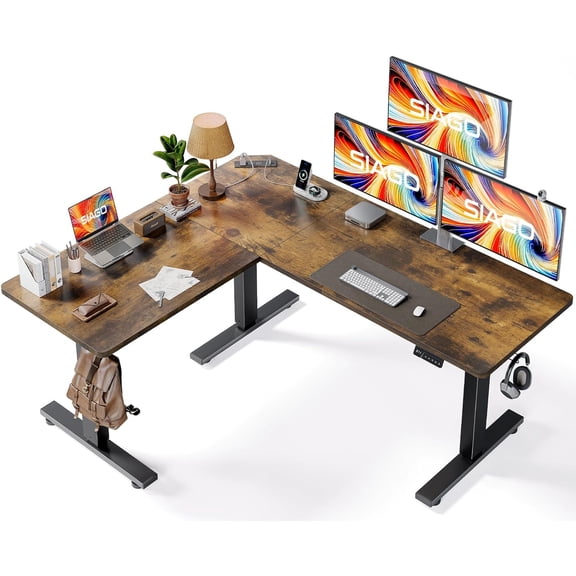 SIAGO L-Shaped Standing Desk - 63 x 55 Inch Adjustable Corner Standing Desk with Charging Station - L Shape Sit Stand Table with Memory Controller, Splice Board for Home Office
