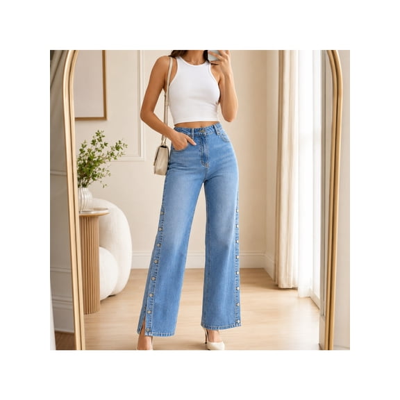 SIALGS Women's High Rise Straight Leg Side Snap Stretch Jeans for Casual Wear