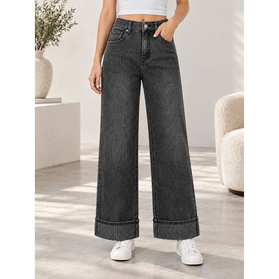 SIALGS Women's High Rise Wide Leg Striped Cuffed Stretch Jeans for Casual Wear