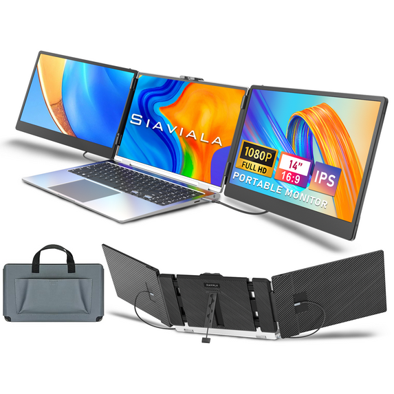 SIAVIALA 14" IPS Triple Portable Monitor for 13"-17.3" Laptops Extension, 1080P FHD Laptop Screen Extender Dual Monitor Screen, Type-C/USB-A/HDMI Plug & Play for Windows/Mac/Chrome