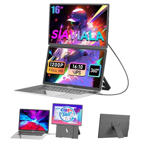 SIAVIALA 16'' Laptop Screen Extender, 360 Rotating Detachable Stand/VESA Support, FHD 1200P IPS Portable Monitor, Plug & Play with HDMI/USB-A/Type-C, Compatible Win/Mac/Android