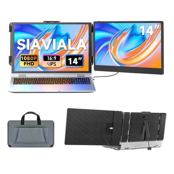 SIAVIALA Laptop Screen Extender, 14" Dual Portable Monitor for Laptops 13-17", Built-in Stand/Speaker, 1080P FHD IPS Display HDMI/USB-C Laptop Monitor Extender for Wins Mac Chrome Switch PS5
