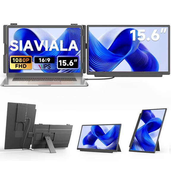 SIAVIALA Laptop Screen Extender 15.6 Inch - FHD 1080P Portable Monitor, 3-in-1 Detachable Clampable Dual Screen for 13-17.3" Laptops, External Display Splitter for Windows Mac Android Chrome