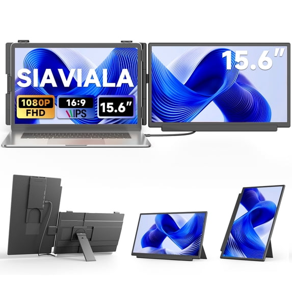 SIAVIALA Laptop Screen Extender 15.6 Inch - FHD 1080P Portable Monitor, 3-in-1 Detachable Clampable Dual Screen for 13-17.3" Laptops, External Display Splitter for Windows Mac Android Chrome