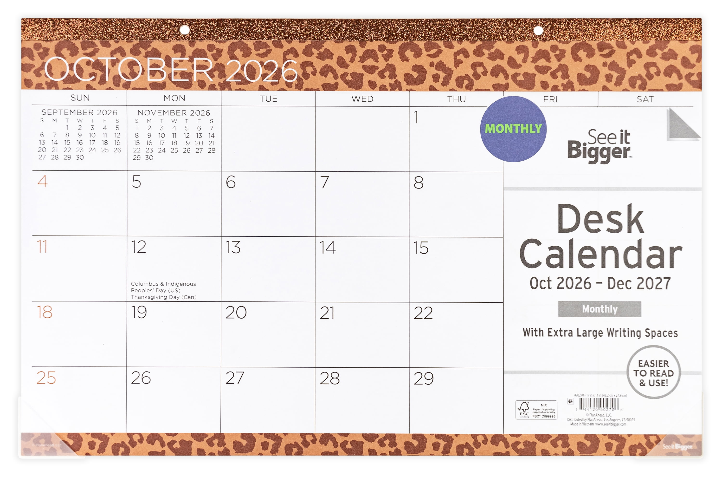 See It Bigger Leopard Print Desk Pad Calendar, 11" x 17", 15-Month (Oct 2026 - Dec 2027)