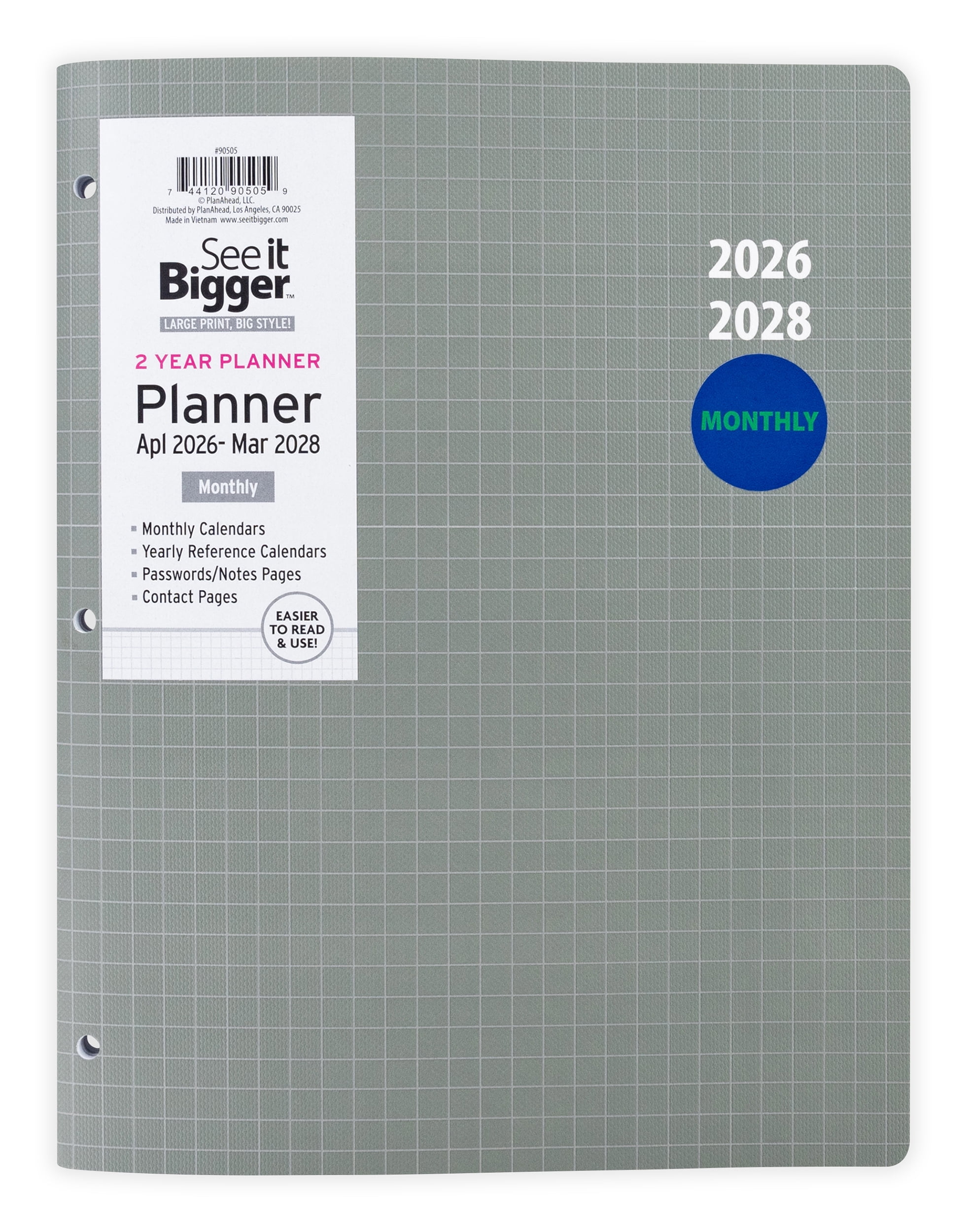 See It Bigger Monthly Planner, Large (8.5” x 11”), Grey, 2-Year: Apr 2026 - Mar 2028