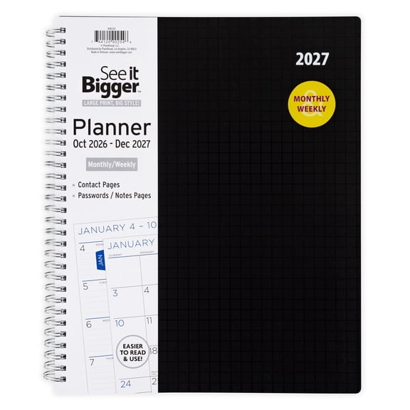 See It Bigger 15-Month, Large (9" x 11") Monthly Weekly Planner, Black, October 2026 - December 2027