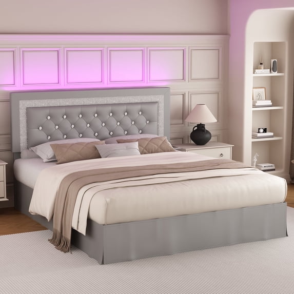 SIBEDS Queen Upholstered Bed Frame with Adjustable Headboard and LED Lights, Gray PU Tufted Diamond Button, No Box Spring Needed, Noise Free