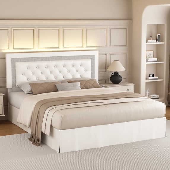 SIBEDS Queen Upholstered Bed Frame with Adjustable Headboard and LED Lights, White PU Tufted Diamond Button, No Box Spring Needed, Noise Free