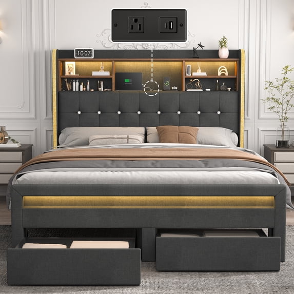 SIBEDS Bed Frame with Bookcase Storage Headboard and 2 Drawers Linen Gray Upholstered Tufted Wingback Beds, Full