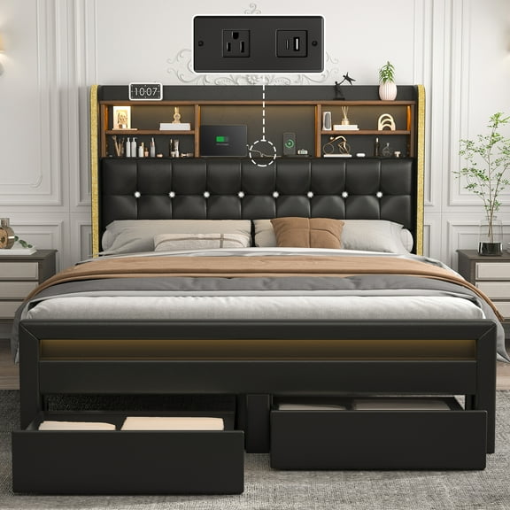 SIBEDS Bed Frame with Bookcase Storage Headboard and 2 Drawers PU Black Upholstered Tufted Wingback Beds, Queen