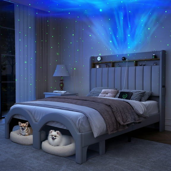 SIBEDS Bed Frame with Storage Drawers and Galaxy Star Projector PU Upholstered Gray Headboard, Queen