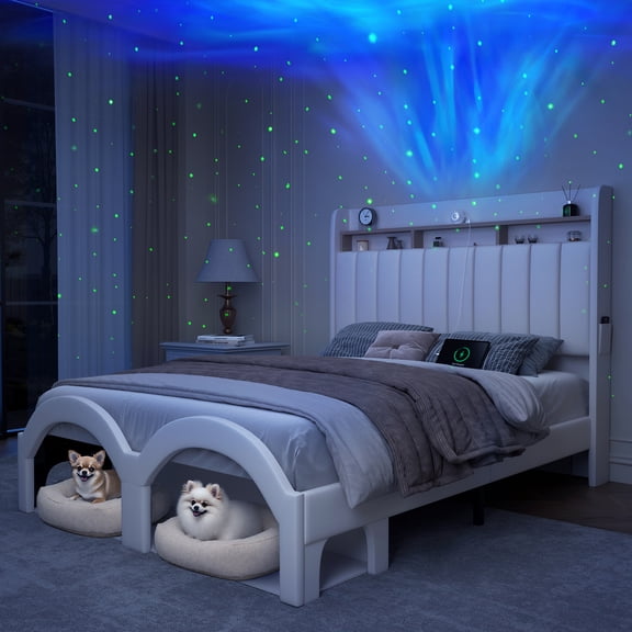 SIBEDS Bed Frame with Storage Drawers and Galaxy Star Projector PU Upholstered White Headboard, Queen