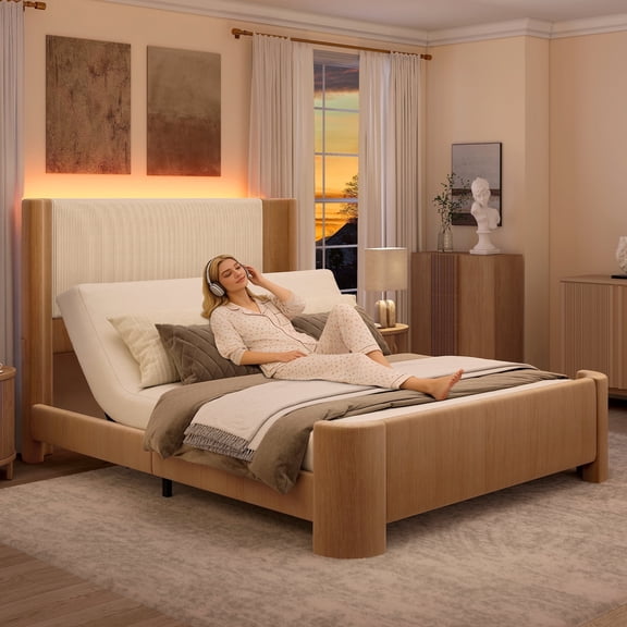 SIBEDS Full LED Adjustable Bed Frame with PU & Corduroy Upholstered Wingback Headboard, Ergonomic Head Incline, Wireless Remote Control, Oak Brown