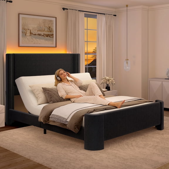 SIBEDS Full Upholstered Adjustable Bed Frame with Linen Wingback Headboard, LED Lights, Adjustable Base, Wooden Slat Support, Black
