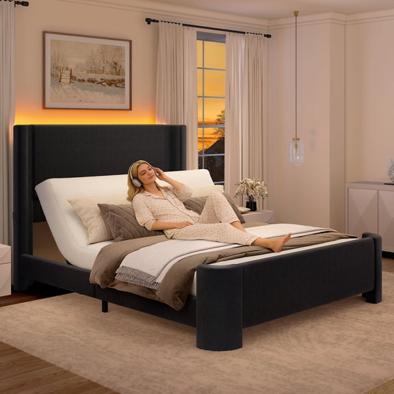 SIBEDS Full Adjustable Bed Frame with LED Lights, Linen Upholstered Wingback Bed, Ergonomic Head Incline, Black