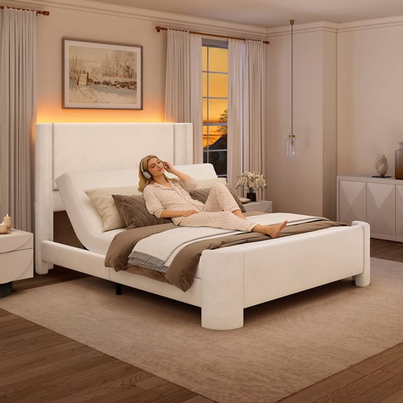 SIBEDS Full Adjustable Bed Frame with LED Lights, Linen Upholstered Wingback Bed, Ergonomic Head Incline, White