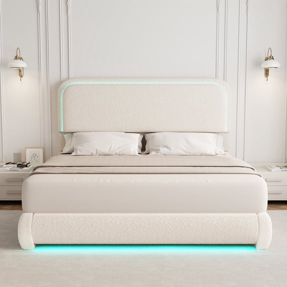 SIBEDS Full LED Bed Frame, Teddy Fleece Upholstered Platform Bedframe, No Box Spring Needed, Cream