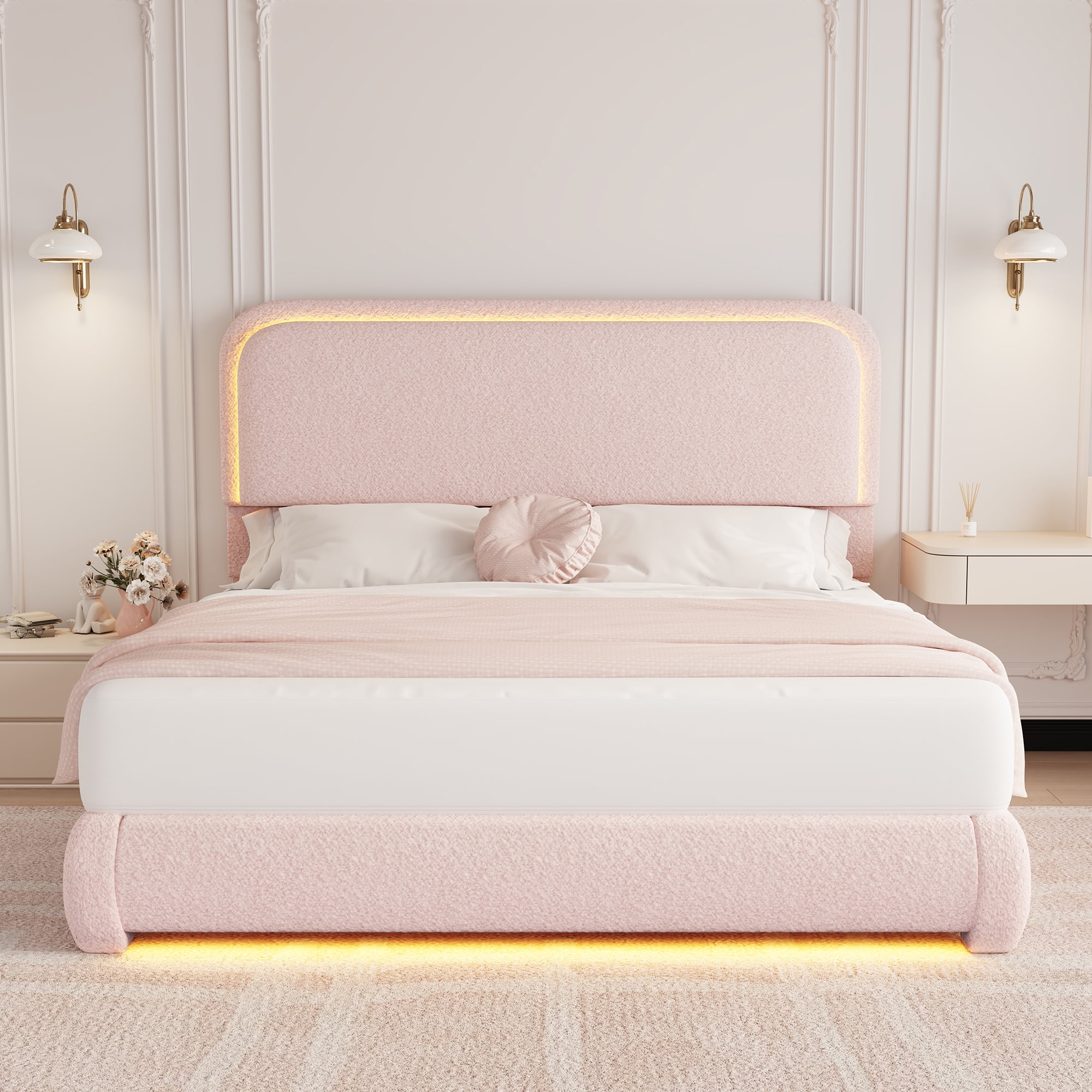 SIBEDS Full LED Bed Frame, Teddy Fleece Upholstered Platform Bedframe ...