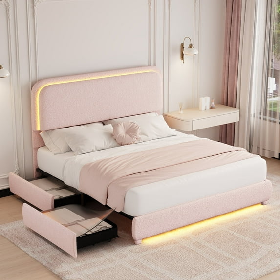 SIBEDS Full LED Bed Frame with 2 Drawers, Teddy Fleece Storage Bedframe No Box Spring Needed, Pink
