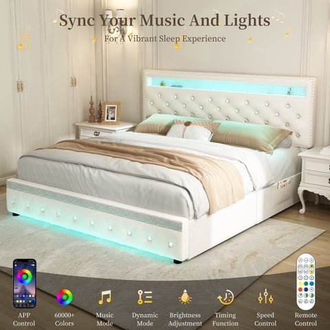 SIBEDS Full Velvet LED Bed Frame with Adjustable Headboard, 2 Drawers, Smart RGB Lights with Music Sync, Cream