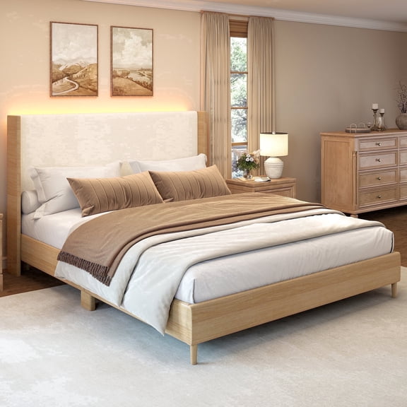 SIBEDS Full Size LED Bed Frame with Faux Leather Upholstered Modern Wingback Headboard,Solid Wood and Metal Support, Oak Brown & White Fabric