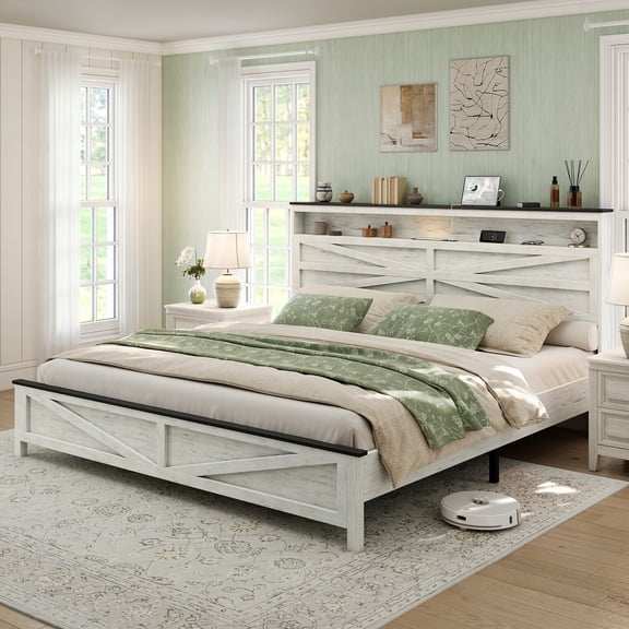 SIBEDS Full Size Bed Frame with LED Storage Headboard & Charging Station, No Box Spring Needed, Noise-Free Wood Platform Bed, Vintage White