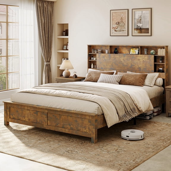 SIBEDS Full Size Bed Frame with LED Storage Headboard, USB & Type-C Charging Station, 800LBS Capacity, Easy Assembly, Metal & Wood, Vintage Brown