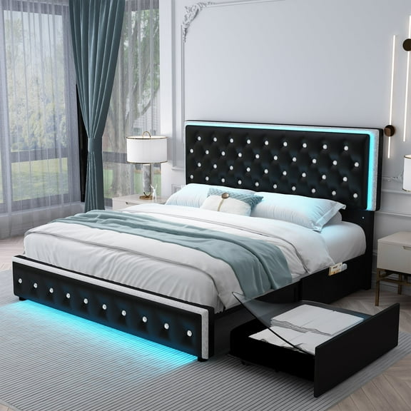SIBEDS LED Bed Frame with 2 Storage Drawers Pockets and PU Leather Black Tufted Headboard, Full