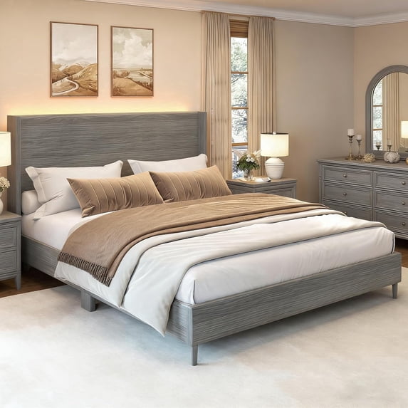 SIBEDS Queen Bed Frame with LED Light, Modern Wingback Headboard, Noise Free, No Box Spring Needed, Easy Assembly, Gray Woodgrain