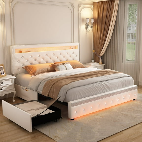 SIBEDS PU Leather White LED Bed Frame with Adjustable Headboard and 2 Drawers Pockets, King