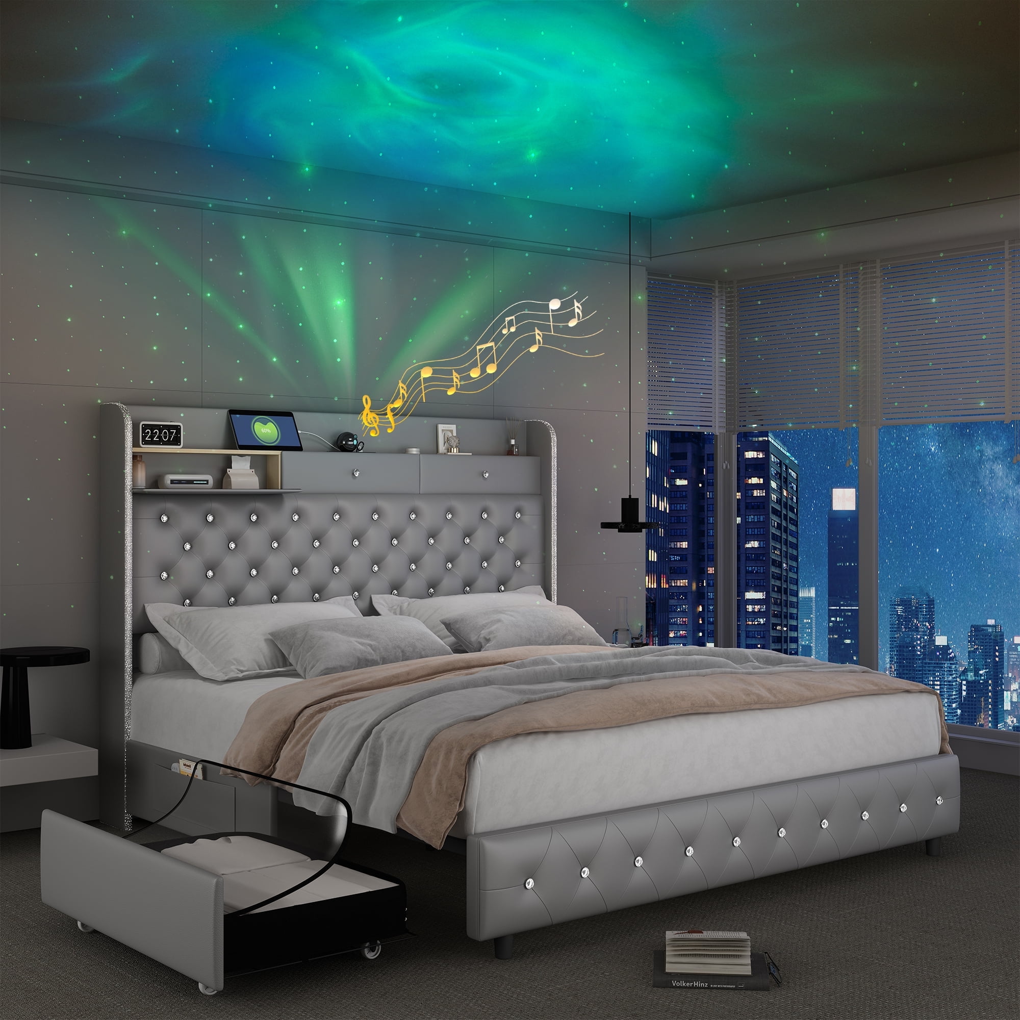SIBEDS King LED Bed Frame with Galaxy Projector, Charging Station, 52" Headboard & 2 Drawers, Grey