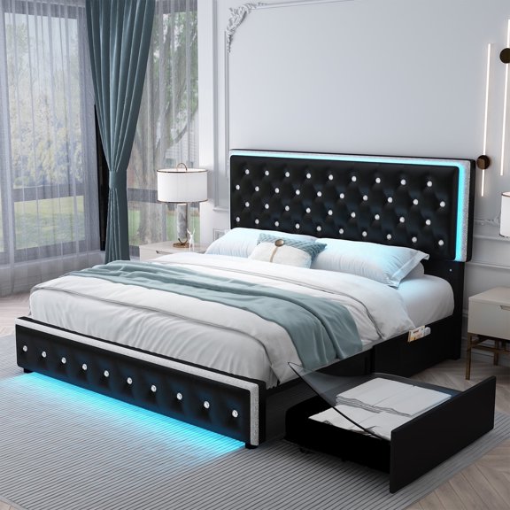 SIBEDS King Size LED Bed Frame with Storage Drawers, PU Leather Upholstered Platform Bed with Crystal Tufted Headboard, RGB Lights, No Box Spring Needed, Black