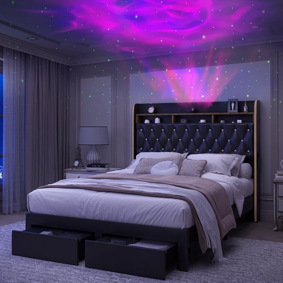 SIBEDS Full Size Bed Frame with Aurora Projector, USB Charging Station & Bluetooth Speaker, Upholstered Storage Bed with 2 Drawers, PU Black