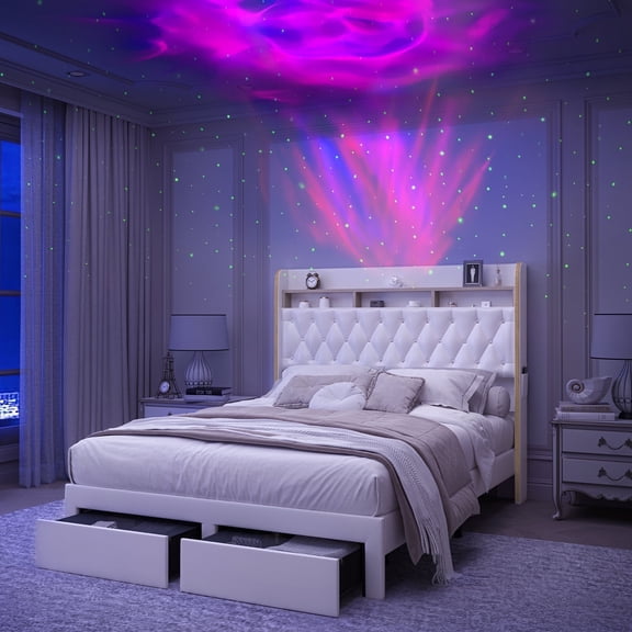 SIBEDS LED Bed Frame with 2 Storage Drawers and Galaxy Star Projector PU Upholstered White Tufted Wingback Headboard, King