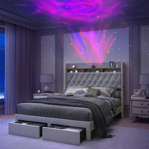 SIBEDS LED Bed Frame with 2 Storage Drawers and Galaxy Star Projector Velvet Upholstered Gray Tufted Wingback Headboard, Queen