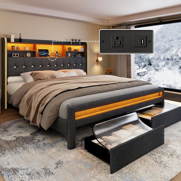 SIBEDS Queen Bed Frame with Wingback Tufted Storage Headboard, Upholstered Platform Bed Frame with 2 Storage Drawers & Charging Station, LED Lights, Linen Dark Gray