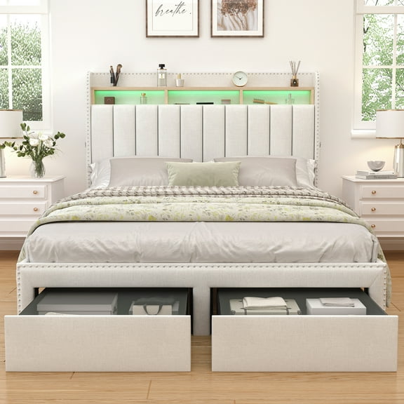 SIBEDS LED Bed Frame with Drawer Pockets and Linen Upholstered Cream Wingback Headboard, Queen