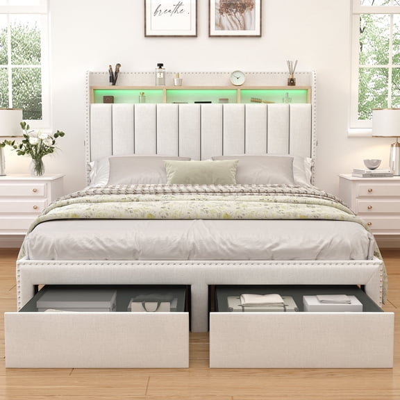 SIBEDS Queen Upholstered LED Bed Frame with Storage Drawers & Wingback Headboard, Cream Linen Finish, RGB Lights, 1200 lbs, No Box Spring