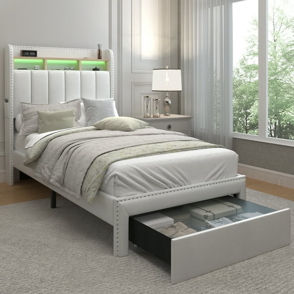 SIBEDS LED Bed Frame with Drawer Pockets and Linen Upholstered Cream Wingback Headboard, Twin
