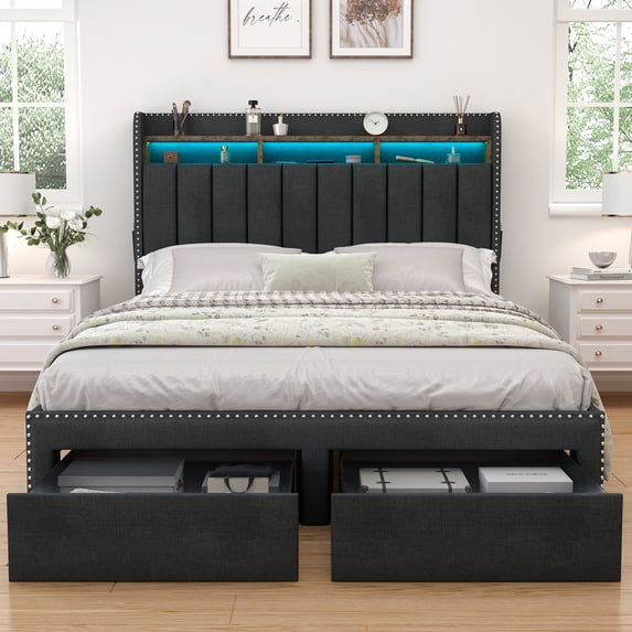 SIBEDS Full Upholstered LED Bed Frame with Storage Drawers & Wingback Headboard, Dark Gray Linen Finish, RGB Lights, 1000 lbs, No Box Spring