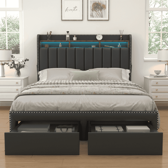 SIBEDS Full Upholstered LED Bed Frame with Storage Drawers & Wingback Headboard, Black PU Finish, RGB Lights, 1000 lbs, No Box Spring
