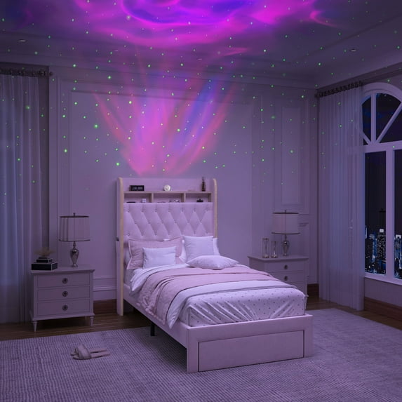 SIBEDS LED Bed Frame with Storage Drawer and Galaxy Star Projector Velvet Upholstered Gray Tufted Wingback Headboard, Twin