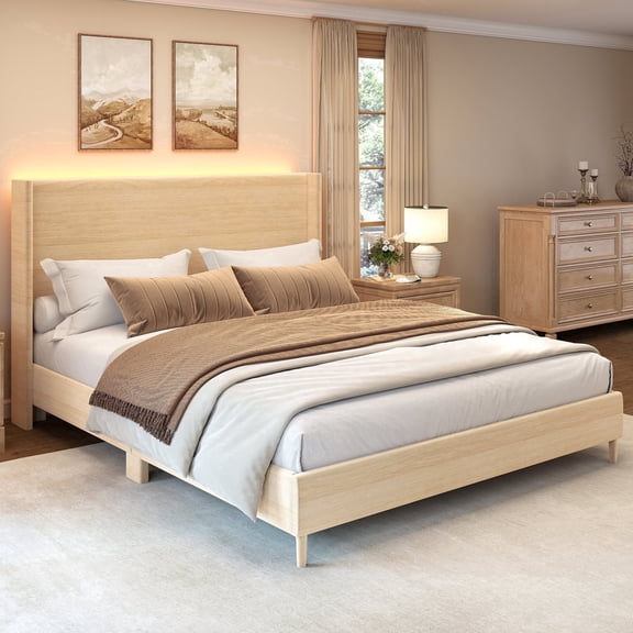 SIBEDS Queen LED Bed Frame with Faux Leather Upholstered Modern Wingback Headboard,Solid Wood and Metal Support, Natural Wood
