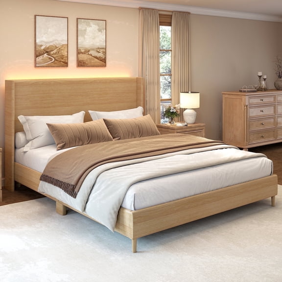 SIBEDS Queen LED Bed Frame with Faux Leather Upholstered Modern Wingback Headboard,Solid Wood and Metal Support, Oak Brown