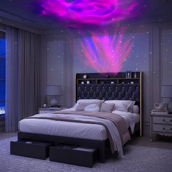 SIBEDS Queen Bed Frame with Starry Sky Projector, Built-in Charging Station & Storage Headboard, Upholstered Platform Bed with 2 Drawers, PU Black